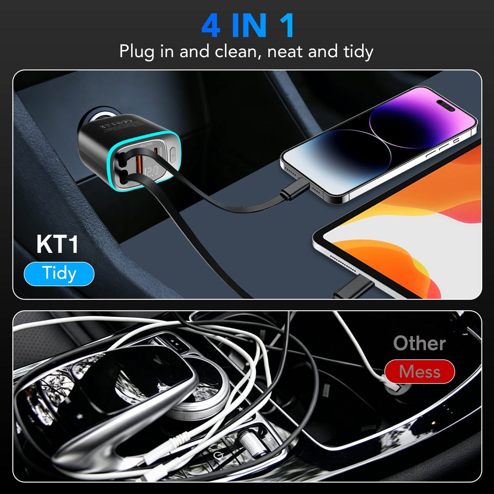 KT1 85W Retractable Car Charger, Fast USB C Charger with 180° Adjustable Arm, PD30W & QC3.0, Compatible for iPhone, iPad, Airpod, Android - Road Trip Essentials