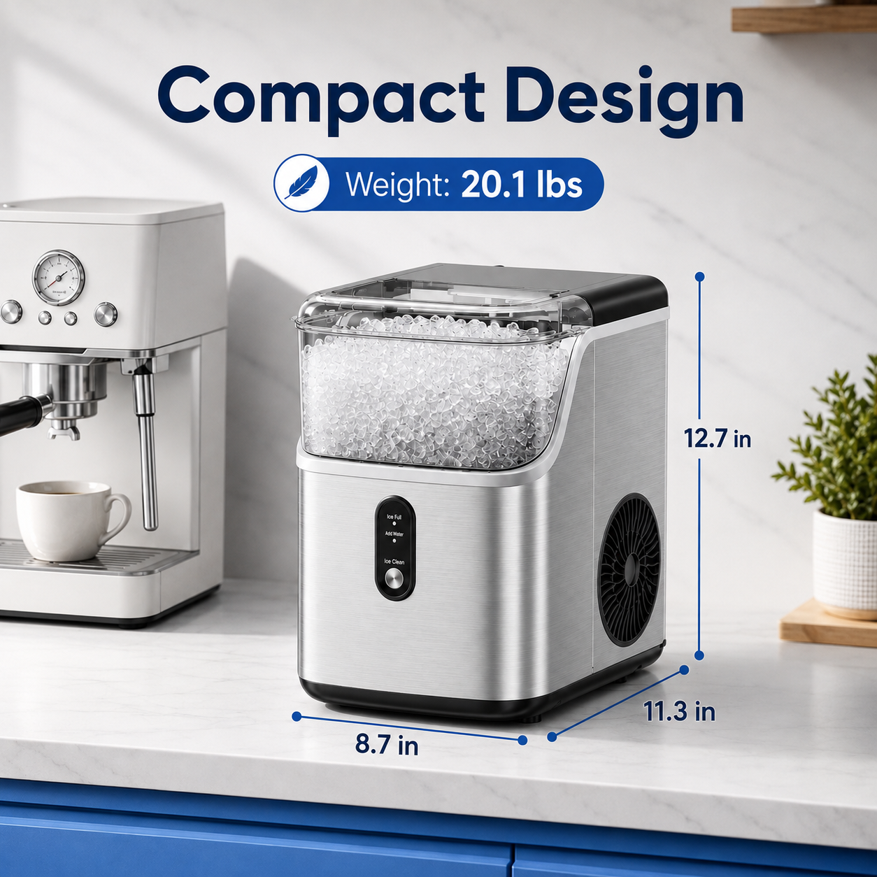 Friwest Nugget Ice Maker Countertop, 35lbs/24H Portable Sonic Ice Machine with Self-Cleaning, Chewable Pellet Ice Maker for Home Kitchen Office RV, Stainless Steel