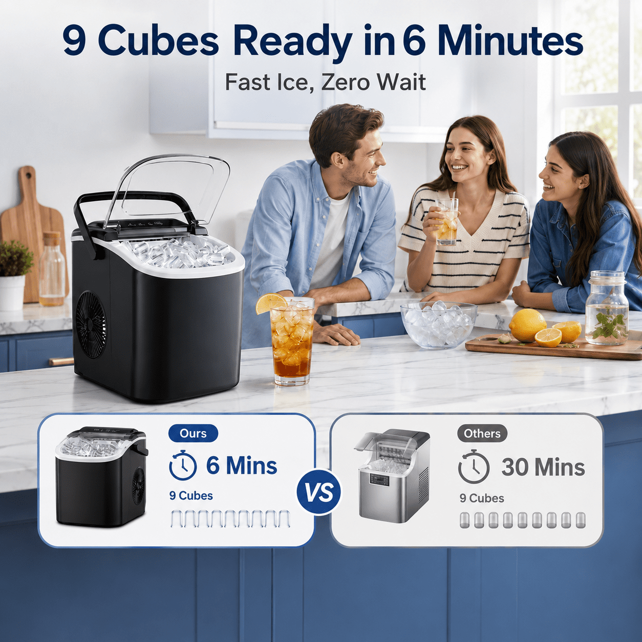 Friwest Countertop Ice Maker 26 lbs/24H , 9 Bullet-Shaped Ice in 6 Min, Auto-Cleaning Portable Ice Maker for Kitchen, Home, Office, RV, Black